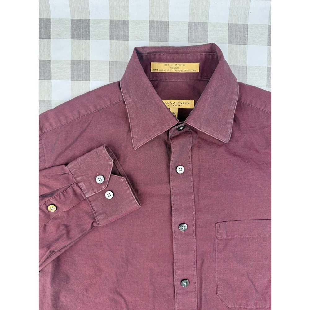 Minimalist Burgundy Cotton Button Up Dress Shirt Donna Karan 14 1/2 32-33